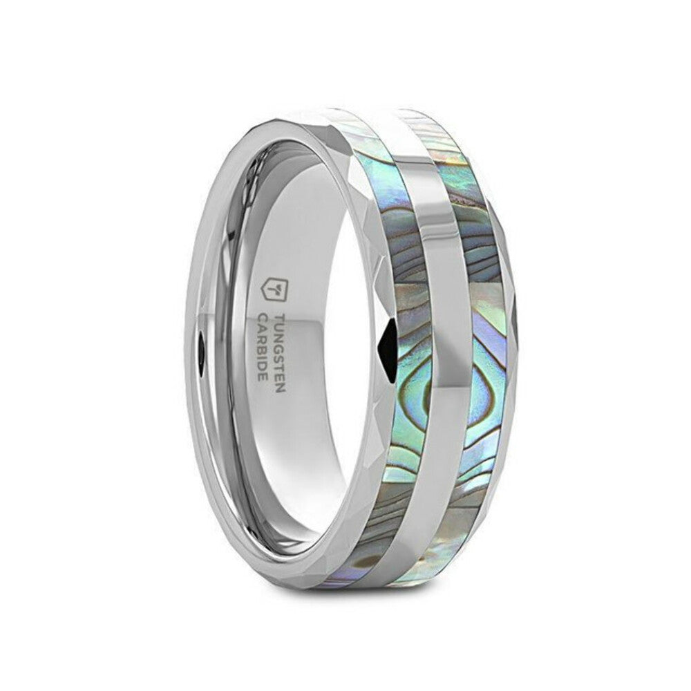 Mens Double Abalone Shell Inlay Faceted Tungsten Beveled Polished Edges Wedding Ring - 8mm Wide - Style name: PAUA