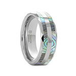 Load image into Gallery viewer, Mens Double Abalone Shell Inlay Faceted Tungsten Beveled Polished Edges Wedding Ring - 8mm Wide - Style name: PAUA
