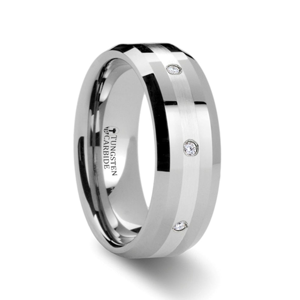 Mens Comfort Fit -Silver Inlaid Beveled Tungsten Diamond Wedding Band - 8mm Wide - Style name: STAFFORD