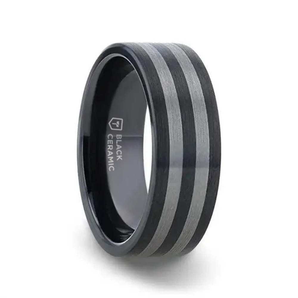 Mens Ceramic Tungsten Inlay Flat Brushed Edges Wedding Ring - 8mm Wide - Style name: BETA