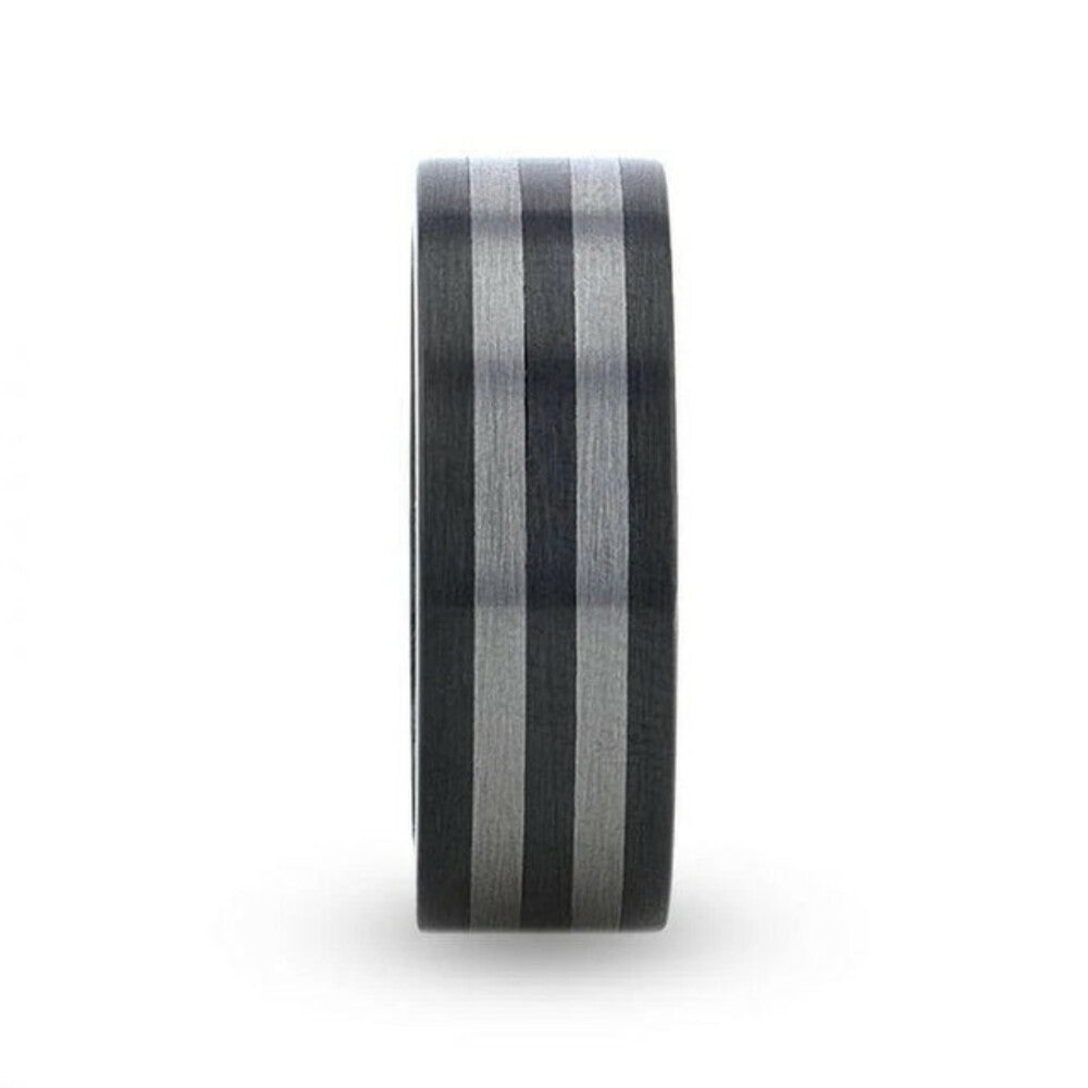 Mens Ceramic Tungsten Inlay Flat Brushed Edges Wedding Ring - 8mm Wide - Style name: BETA
