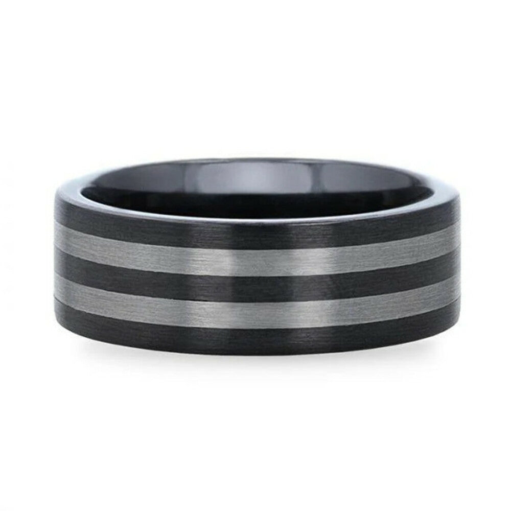 Mens Ceramic Tungsten Inlay Flat Brushed Edges Wedding Ring - 8mm Wide - Style name: BETA