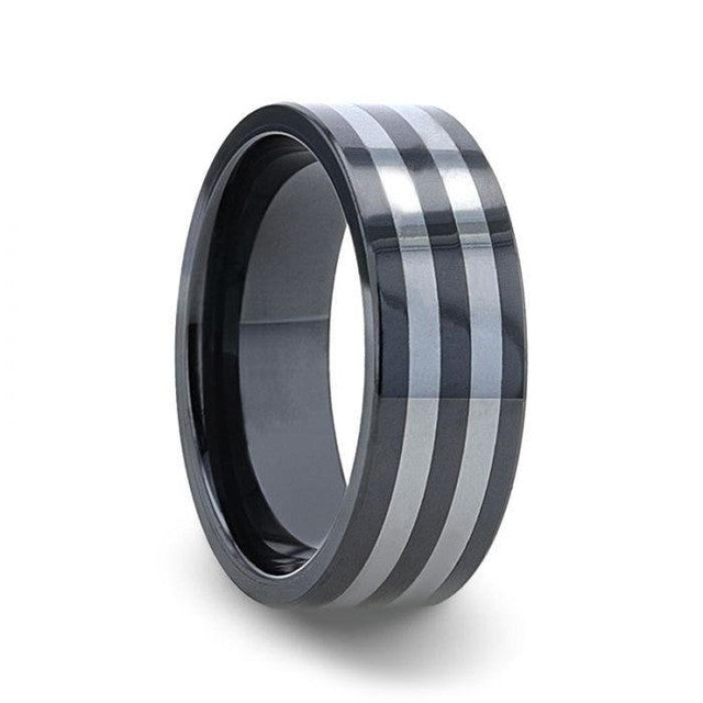 Mens Ceramic with Tungsten Inlay Flat Polished Edges Wedding Ring - 8mm Wide - Style name: DIPLO