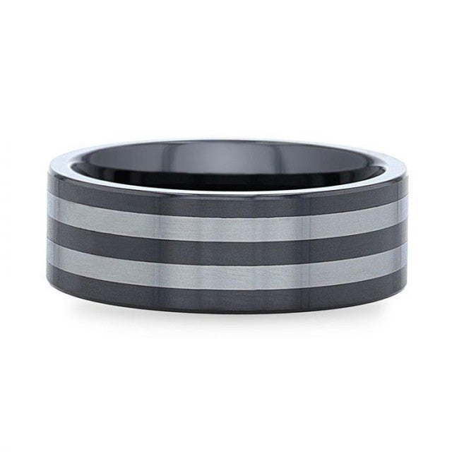 Mens Ceramic with Tungsten Inlay Flat Polished Edges Wedding Ring - 8mm Wide - Style name: DIPLO