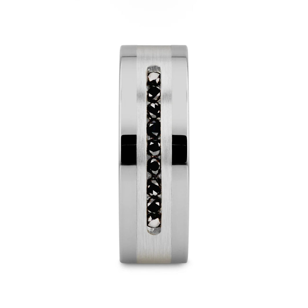 Mens Comfort Fit Flat Tungsten Wedding Band - Brushed Silver Inlay Center - 9 Channel Set Black Diamonds - 8mm Wide - Style name: BLACKSTONE -  Lifetime Warranty