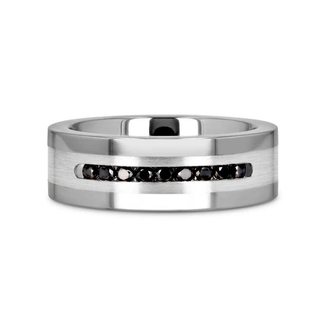 Mens Comfort Fit Flat Tungsten Wedding Band - Brushed Silver Inlay Center - 9 Channel Set Black Diamonds - 8mm Wide - Style name: BLACKSTONE -  Lifetime Warranty