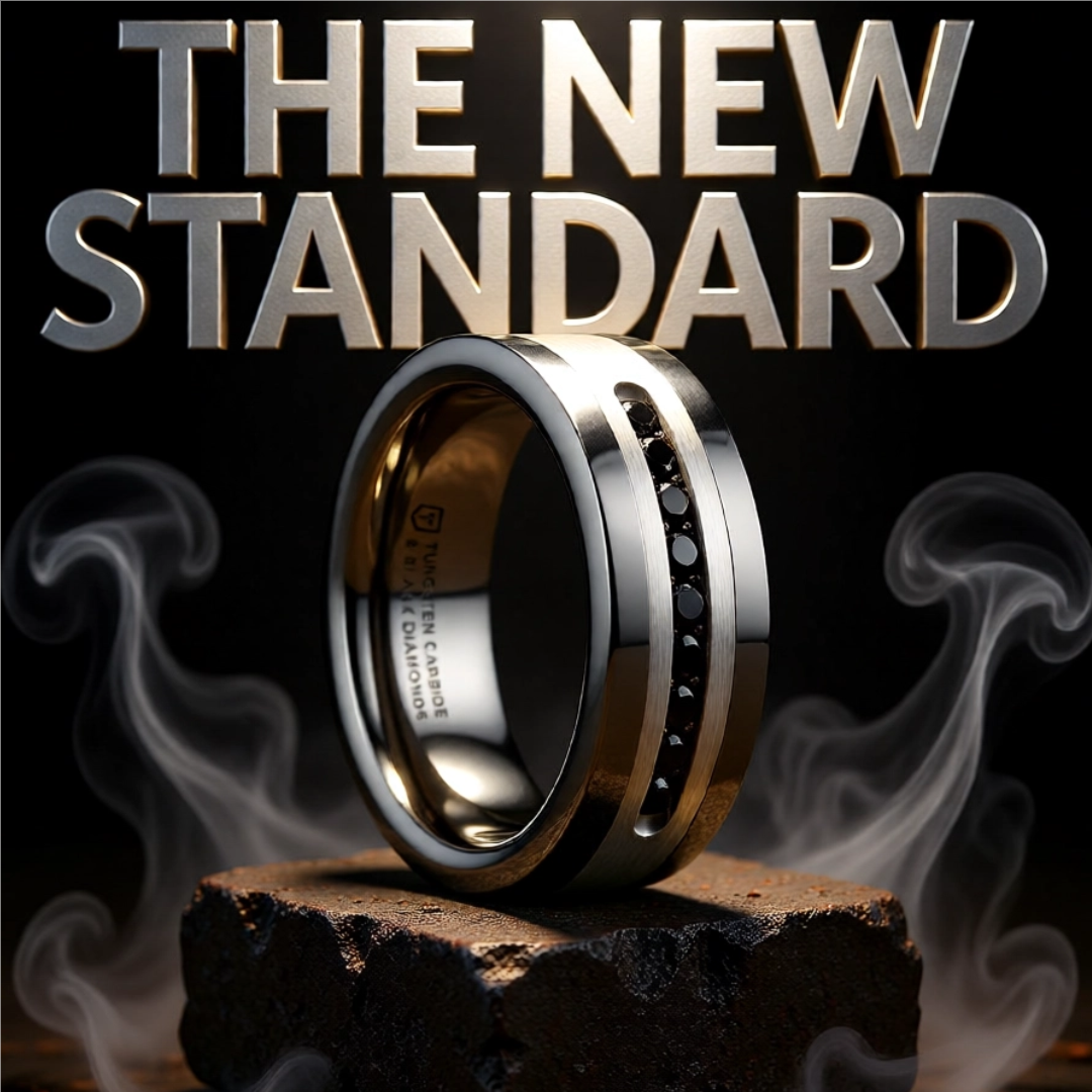 Mens Comfort Fit Flat Tungsten Wedding Band - Brushed Silver Inlay Center - 9 Channel Set Black Diamonds - 8mm Wide - Style name: BLACKSTONE -  Lifetime Warranty