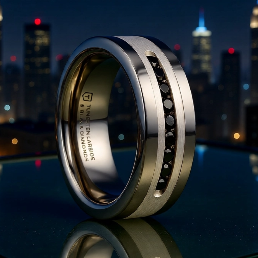 Mens Comfort Fit Flat Tungsten Wedding Band - Brushed Silver Inlay Center - 9 Channel Set Black Diamonds - 8mm Wide - Style name: BLACKSTONE -  Lifetime Warranty