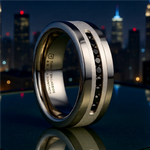 Load image into Gallery viewer, Mens Comfort Fit Flat Tungsten Wedding Band - Brushed Silver Inlay Center - 9 Channel Set Black Diamonds - 8mm Wide - Style name: BLACKSTONE -  Lifetime Warranty
