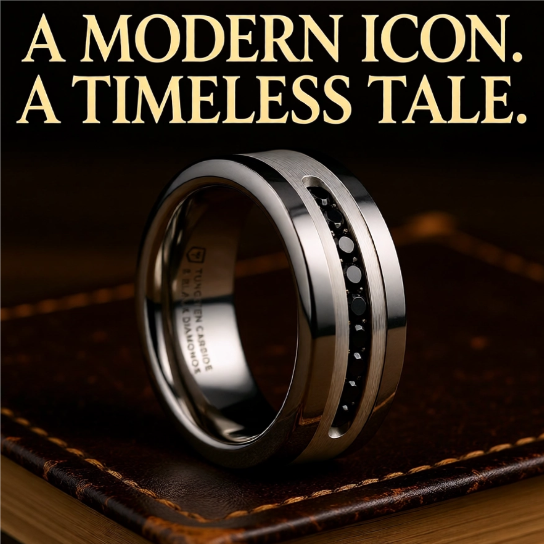 Mens Comfort Fit Flat Tungsten Wedding Band - Brushed Silver Inlay Center - 9 Channel Set Black Diamonds - 8mm Wide - Style name: BLACKSTONE -  Lifetime Warranty