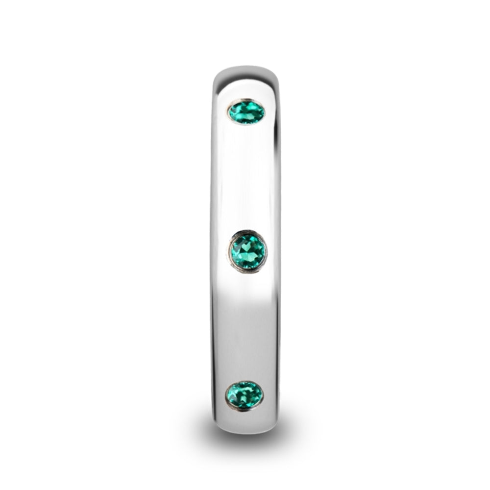 Mens Comfort Fit -Polished & Domed Tungsten Carbide Wedding Ring - 3 Green Emeralds Setting - 4mm Wide - Style name: CHLOE