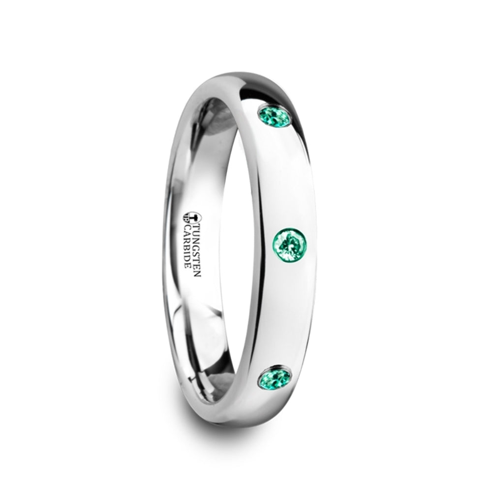 Mens Comfort Fit -Polished & Domed Tungsten Carbide Wedding Ring - 3 Green Emeralds Setting - 4mm Wide - Style name: CHLOE