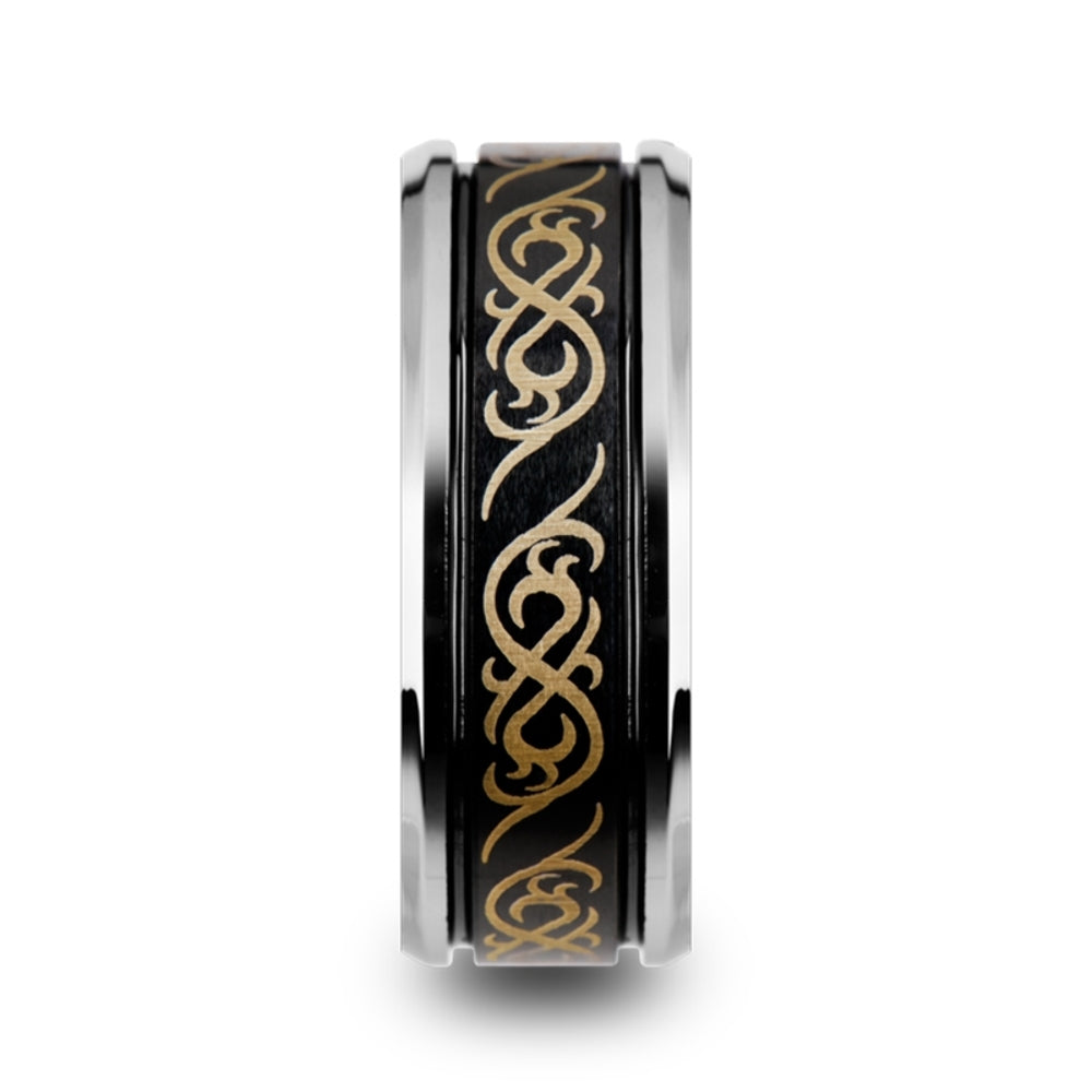 Mens Comfort Fit -Dual Offset Grooves Black Tungsten Carbide Wedding Ring - Laser Engraved Celtic Pattern Polished & Beveled Edges - 8mm Wide - Style name: RAIZEN