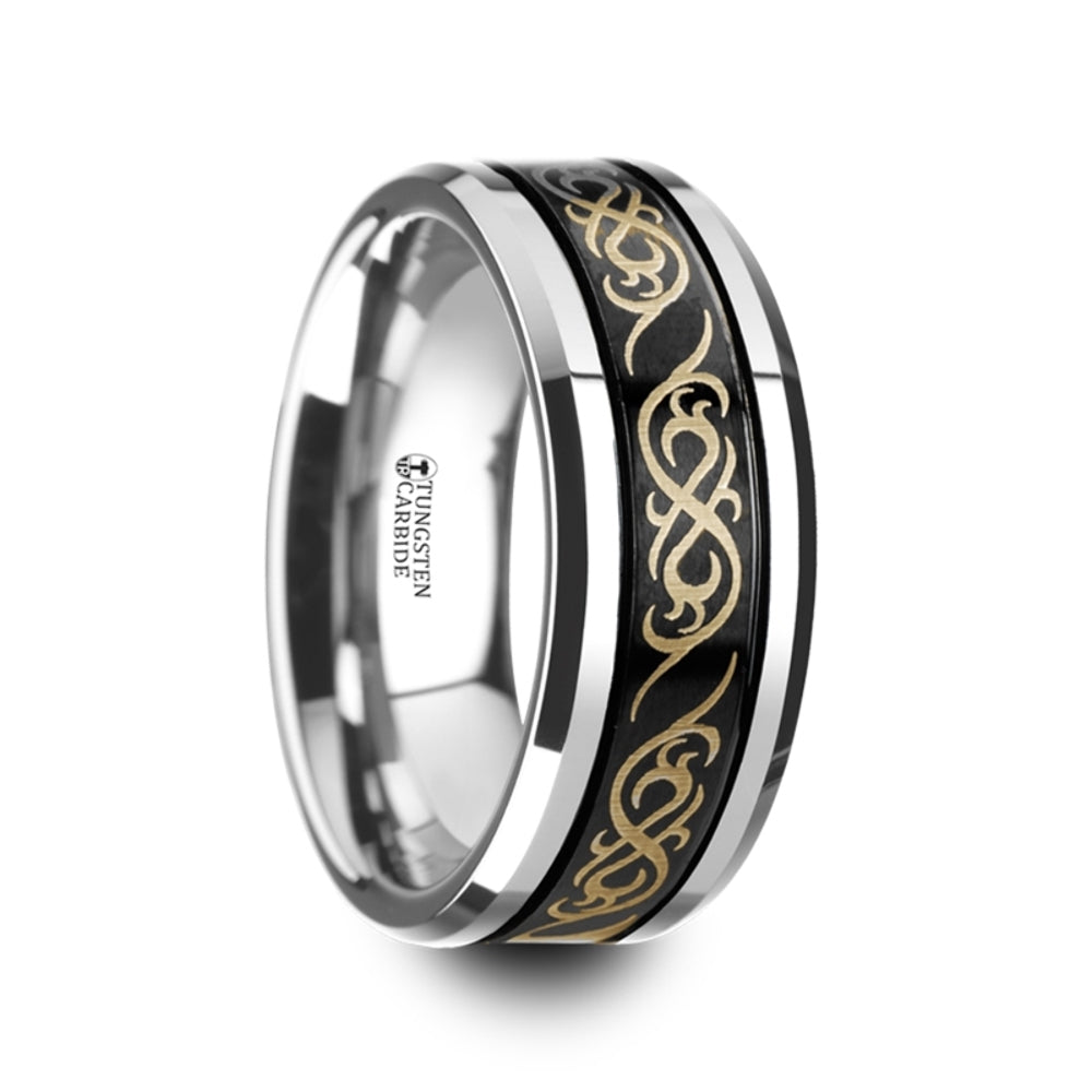 Mens Comfort Fit -Dual Offset Grooves Black Tungsten Carbide Wedding Ring - Laser Engraved Celtic Pattern Polished & Beveled Edges - 8mm Wide - Style name: RAIZEN