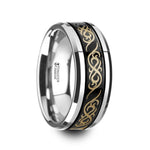 Load image into Gallery viewer, Mens Comfort Fit -Dual Offset Grooves Black Tungsten Carbide Wedding Ring - Laser Engraved Celtic Pattern Polished &amp; Beveled Edges - 8mm Wide - Style name: RAIZEN
