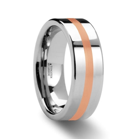 Mens Comfort Fit -Rose Gold Inlaid Flat Tungsten Carbide Wedding Ring - 6mm 8mm Wide - Style name: CERBERUS