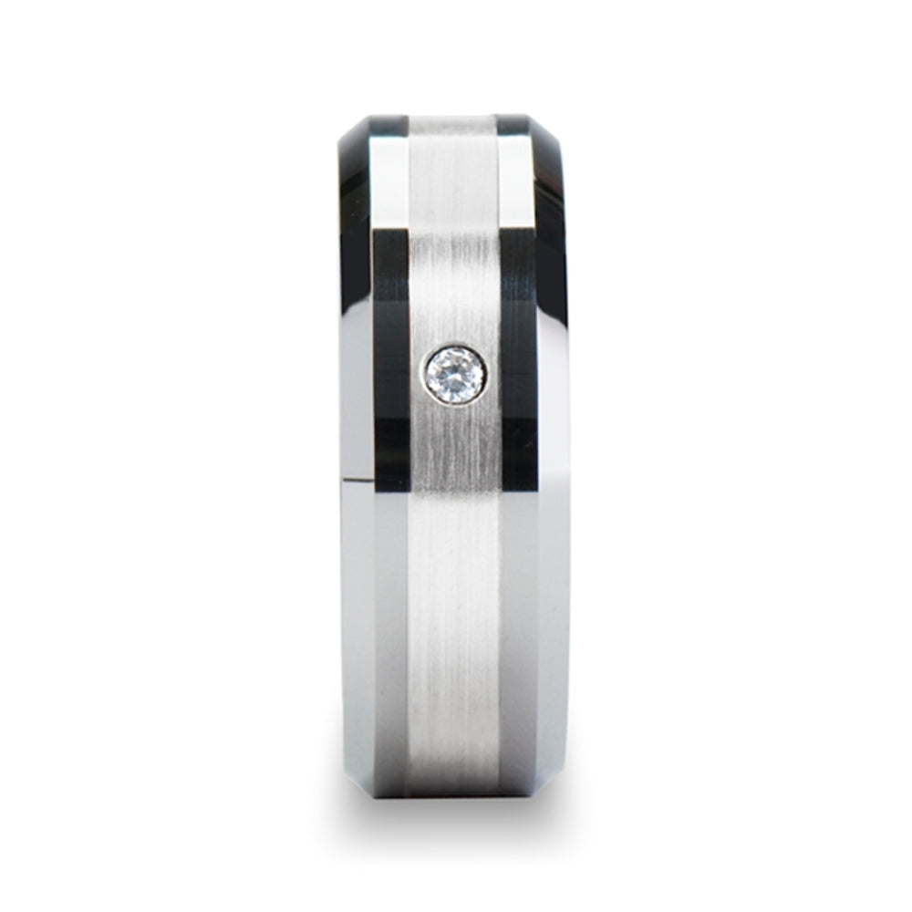 Mens Comfort Fit -Platinum Inlaid - Beveled Tungsten Diamond Wedding Ring Band- 8mm Wide - Style name: LAURENT - Lifetime Warranty