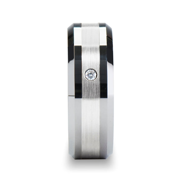 Mens Comfort Fit -Platinum Inlaid - Beveled Tungsten Diamond Wedding Ring Band- 8mm Wide - Style name: LAURENT - Lifetime Warranty