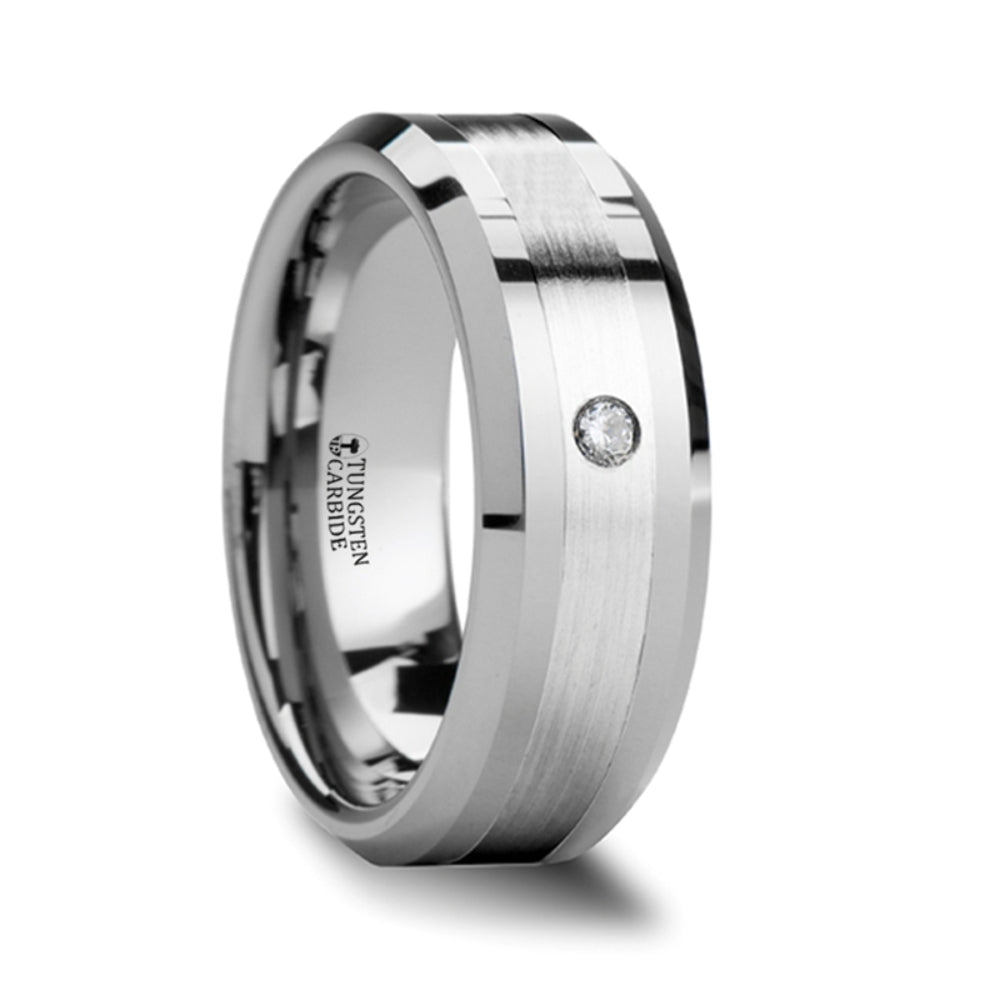 Mens Comfort Fit -Platinum Inlaid - Beveled Tungsten Diamond Wedding Ring Band- 8mm Wide - Style name: LAURENT - Lifetime Warranty