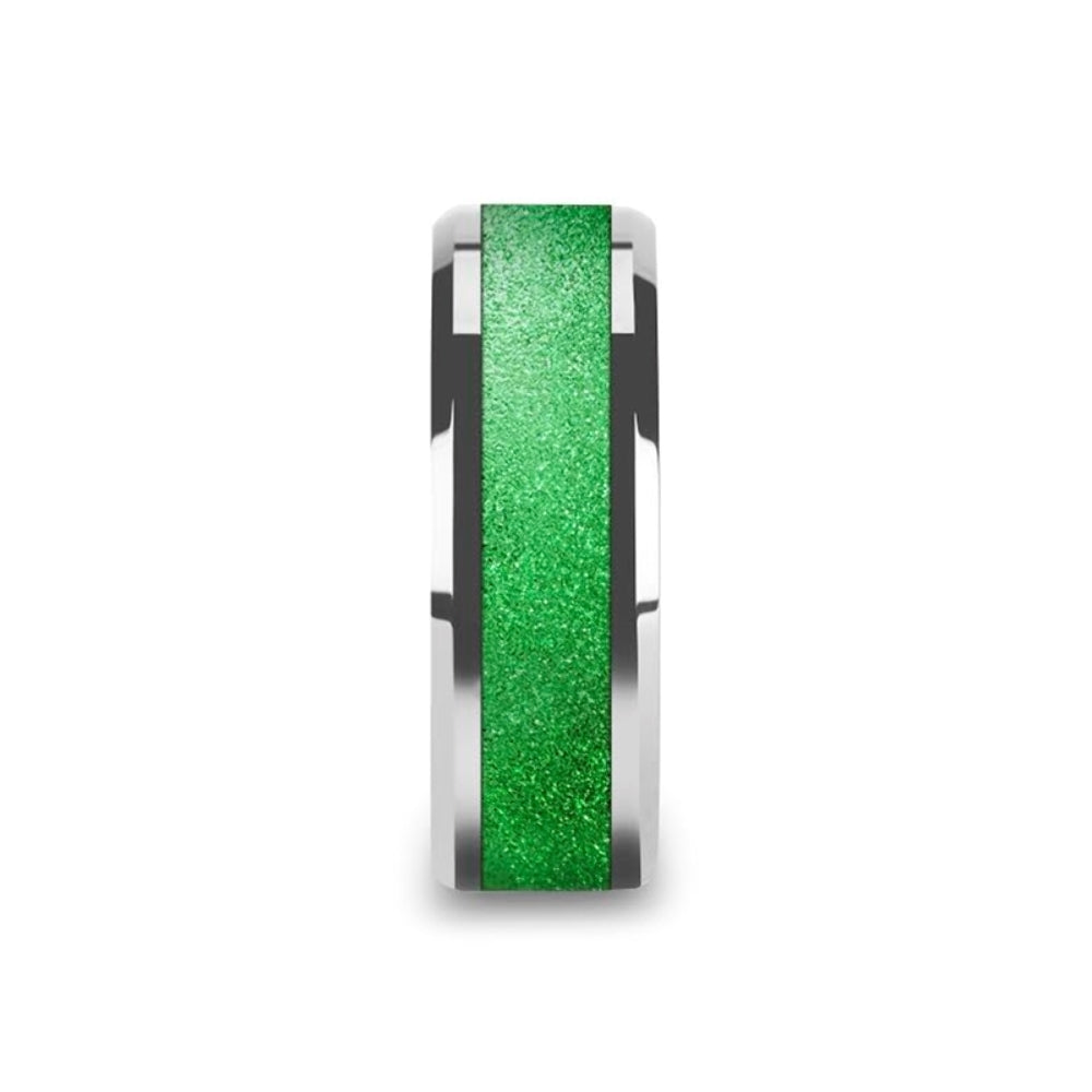 Mens Comfort Fit -Tungsten Carbide Bevel Edged Wedding Ring - Sparkling Green Inlay - 8mm Wide - Style name: LAWRENCE - Lifetime Warranty
