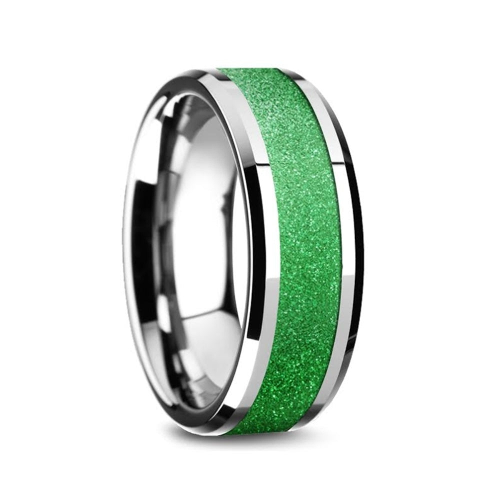 Mens Comfort Fit -Tungsten Carbide Bevel Edged Wedding Ring - Sparkling Green Inlay - 8mm Wide - Style name: LAWRENCE - Lifetime Warranty