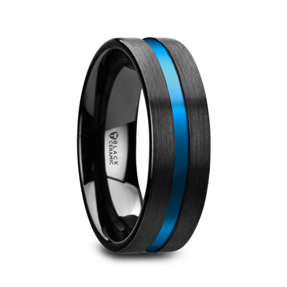 Mens Comfort Fit -Flat Brushed Finish Black Ceramic Wedding Ring - Blue Grooved Center - 8mm Wide - Style name: WESTLEY