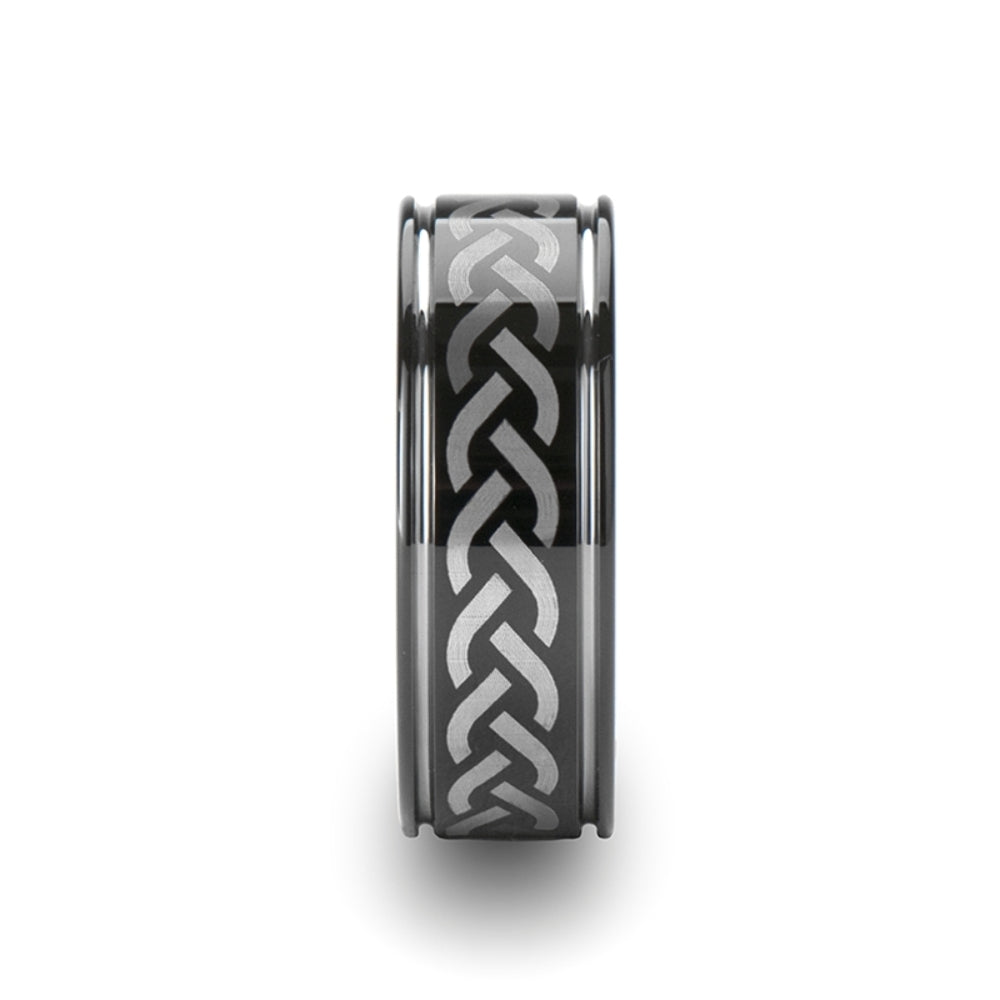Mens Comfort Fit -Black Tungsten Carbide Wedding Ring - Celtic Pattern - 8mm Wide - Style name: KILMORE
