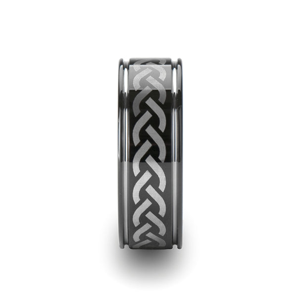 Mens Comfort Fit -Black Tungsten Carbide Wedding Ring - Celtic Pattern - 8mm Wide - Style name: KILMORE