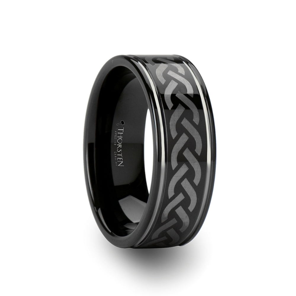 Mens Comfort Fit -Black Tungsten Carbide Wedding Ring - Celtic Pattern - 8mm Wide - Style name: KILMORE