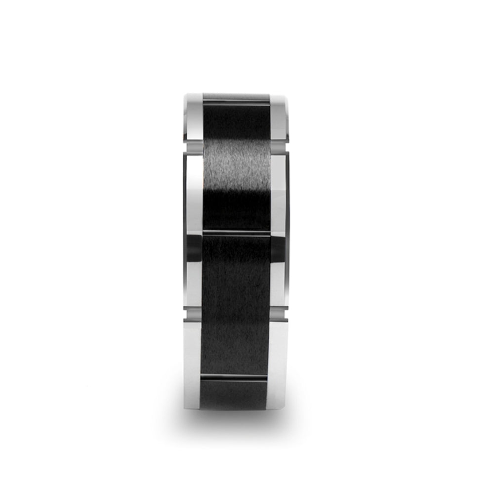 Mens Comfort Fit -Watch Band Style Tungsten Carbide Ring - Black Ceramic Inlay - 10mm Wide - Style name: KONSTANTINE - Lifetime Warranty