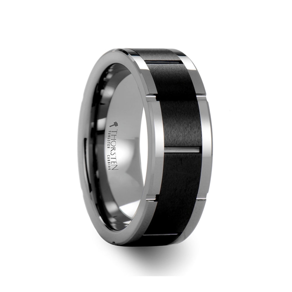 Mens Comfort Fit -Watch Band Style Tungsten Carbide Ring - Black Ceramic Inlay - 10mm Wide - Style name: KONSTANTINE - Lifetime Warranty