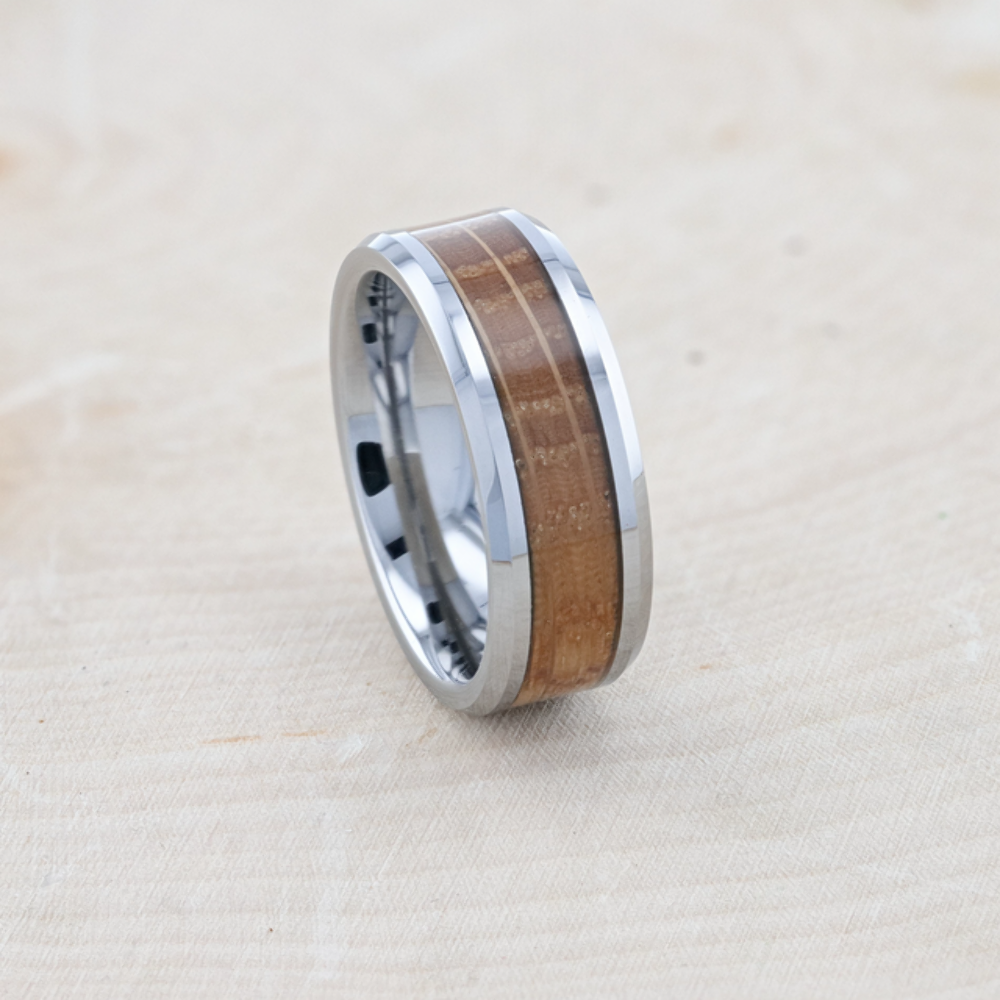 Mens Whiskey Barrel Inlaid Tungsten Beveled Polished Edges Wedding Ring - 8mm Wide - Style name: DISTILLED