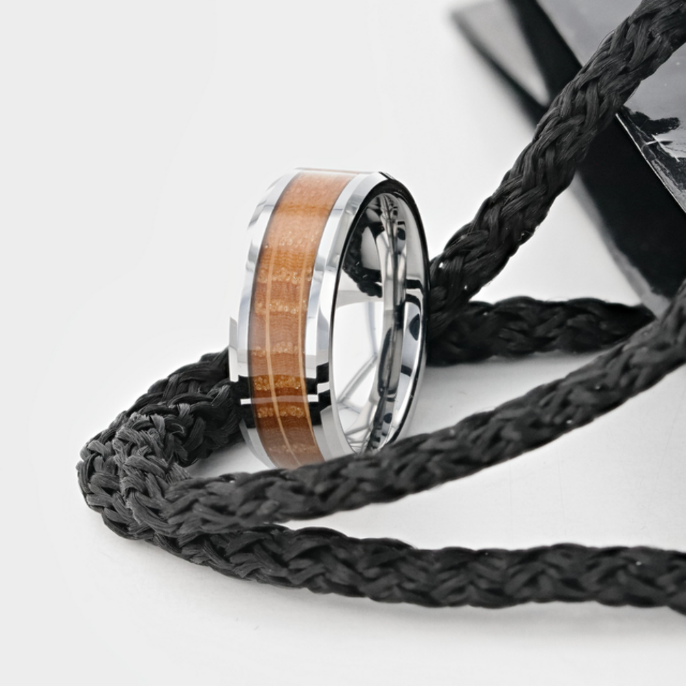 Mens Whiskey Barrel Inlaid Tungsten Beveled Polished Edges Wedding Ring - 8mm Wide - Style name: DISTILLED