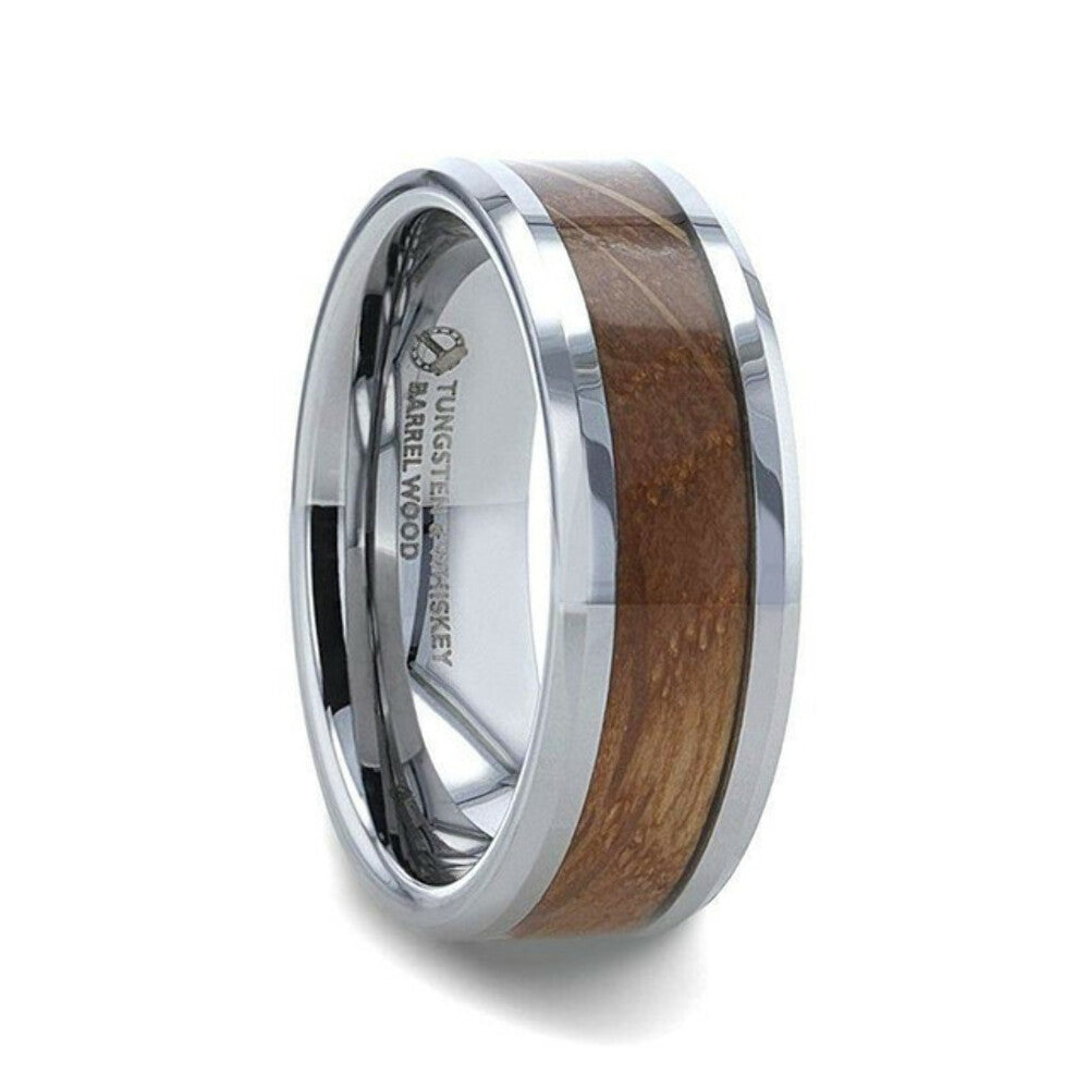 Mens Whiskey Barrel Inlaid Tungsten Beveled Polished Edges Wedding Ring - 8mm Wide - Style name: DISTILLED