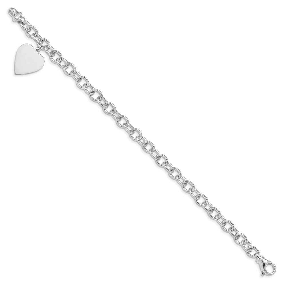 14K White Gold Polished Engravable Link with Heart Charm Bracelet  Length 8.5'' inches
