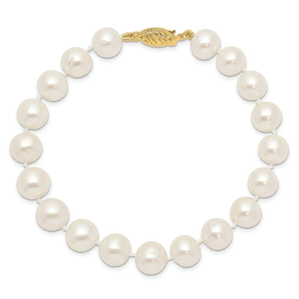 14K Yellow Gold 9-10mm White Near Round Freshwater Cultured Pearl Bracelet  length: 7.5 inches