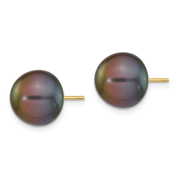 14K Yellow Gold 10-11mm Black Button Freshwater Cultured Pearl Stud Earrings