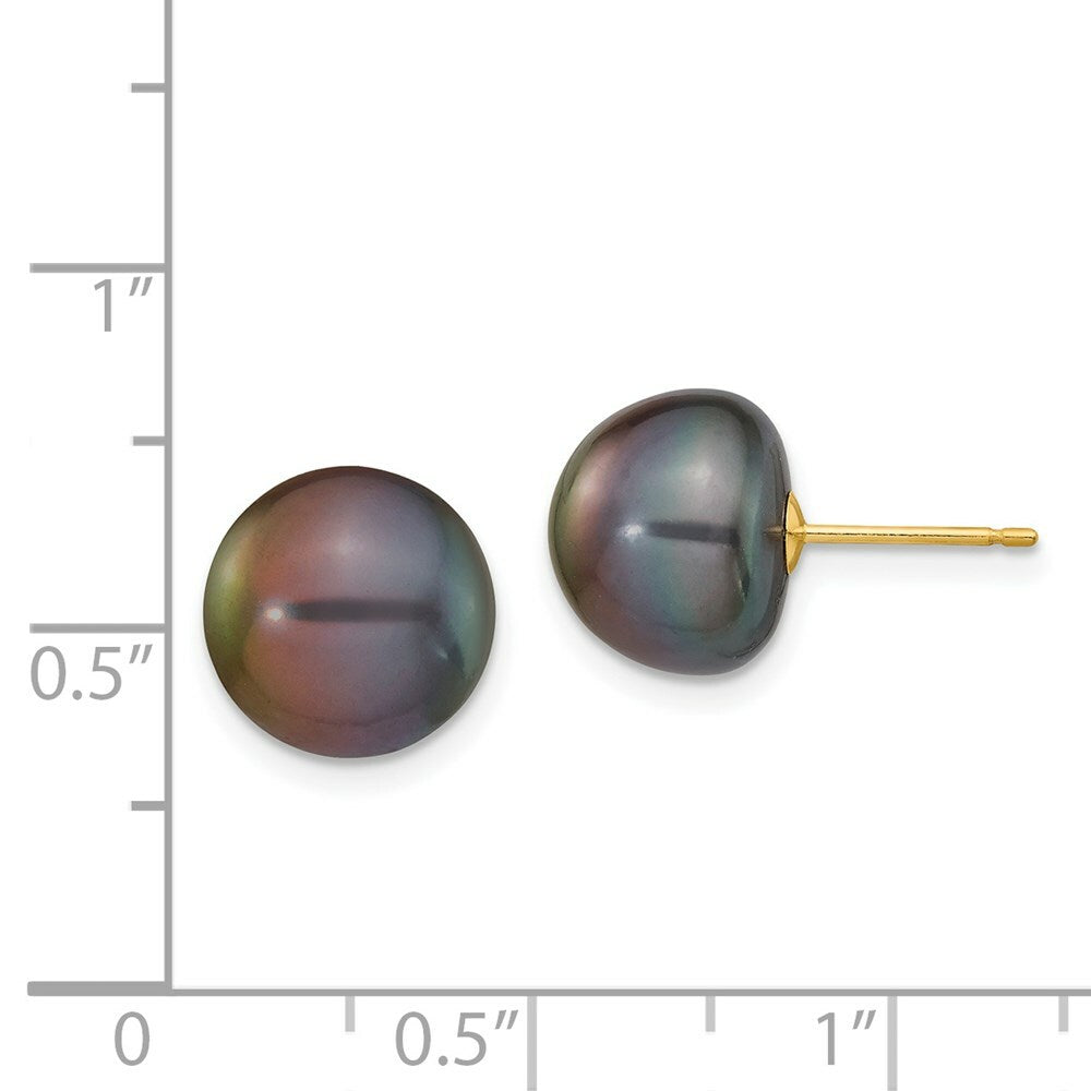 14K Yellow Gold 10-11mm Black Button Freshwater Cultured Pearl Stud Earrings
