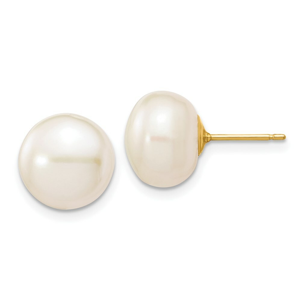 14K Yellow Gold 10-11mm White Button Freshwater Cultured Pearl Stud Earrings