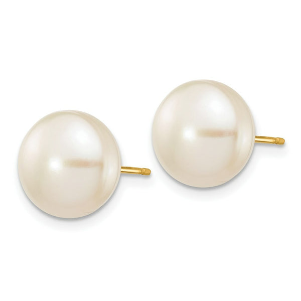 14K Yellow Gold 10-11mm White Button Freshwater Cultured Pearl Stud Earrings