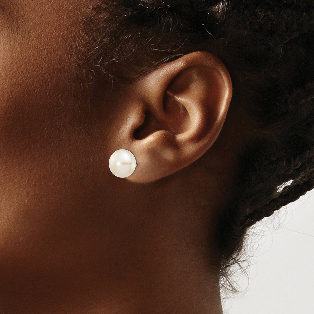 14K Yellow Gold 10-11mm White Button Freshwater Cultured Pearl Stud Earrings