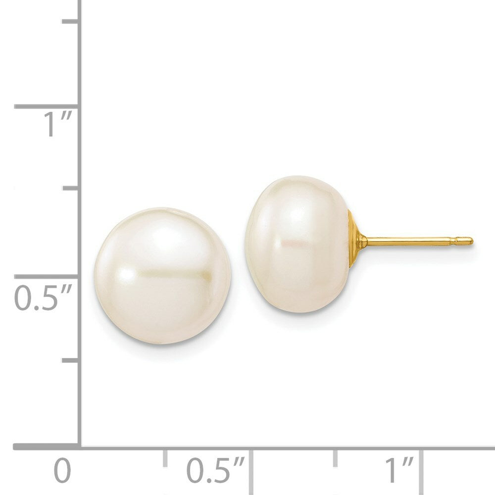 14K Yellow Gold 10-11mm White Button Freshwater Cultured Pearl Stud Earrings