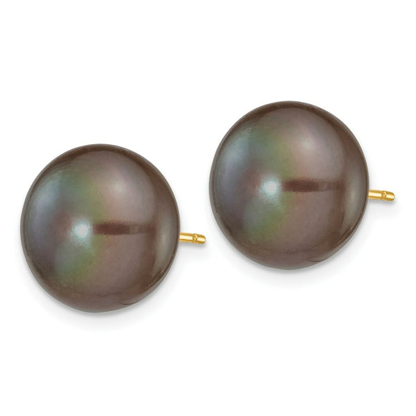 14K Yellow Gold 11-12mm Black Button Freshwater Cultured Pearl Stud Earrings