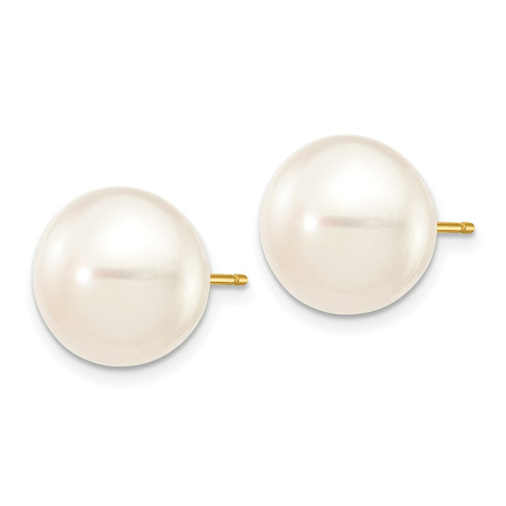 14K Yellow Gold 11-12mm White Button Freshwater Cultured Pearl Stud Earrings