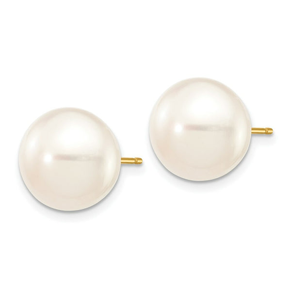 14K Yellow Gold 11-12mm White Button Freshwater Cultured Pearl Stud Earrings