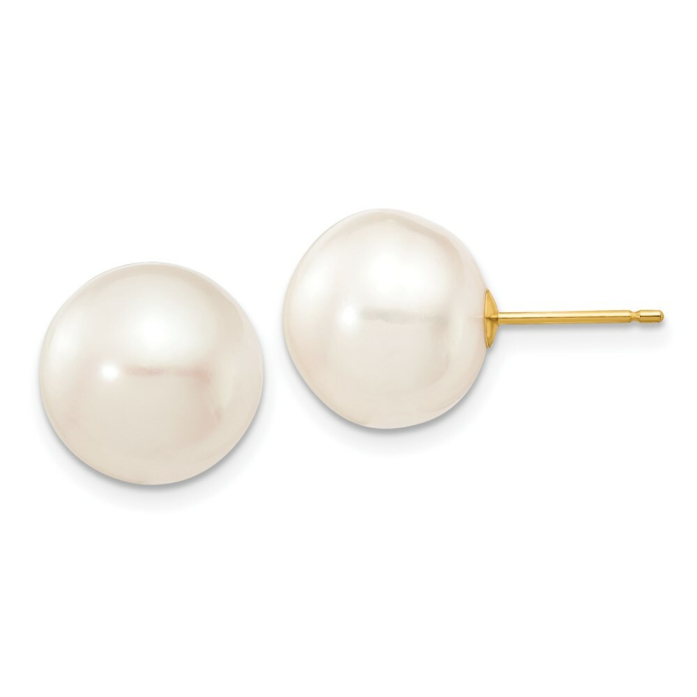 14K Yellow Gold 11-12mm White Button Freshwater Cultured Pearl Stud Earrings