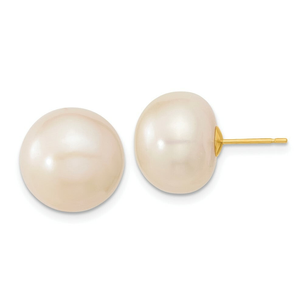 14K Yellow Gold 13-14mm White Button Freshwater Cultured Pearl Post Earrings