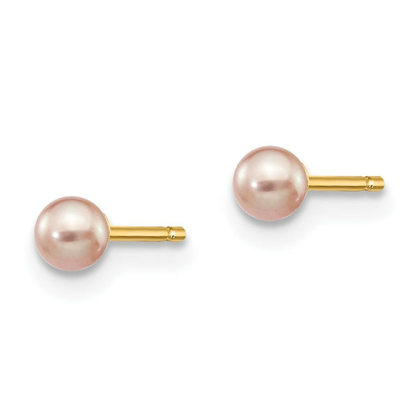 14K Yellow Gold 3-4mm Purple Round Freshwater Cultured Pearl Stud Earrings