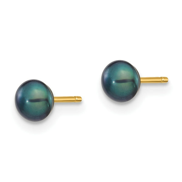 14K Yellow Gold 4-5mm Black Button Freshwater Cultured Pearl Stud Earrings