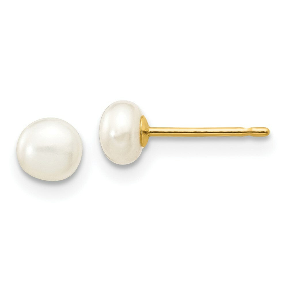 14K Yellow Gold 4-5mm White Button Freshwater Cultured Pearl Stud Earrings